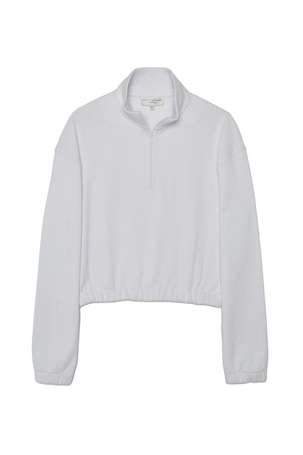 Beyaz Fermuar Detaylı Crop Sweatshirt