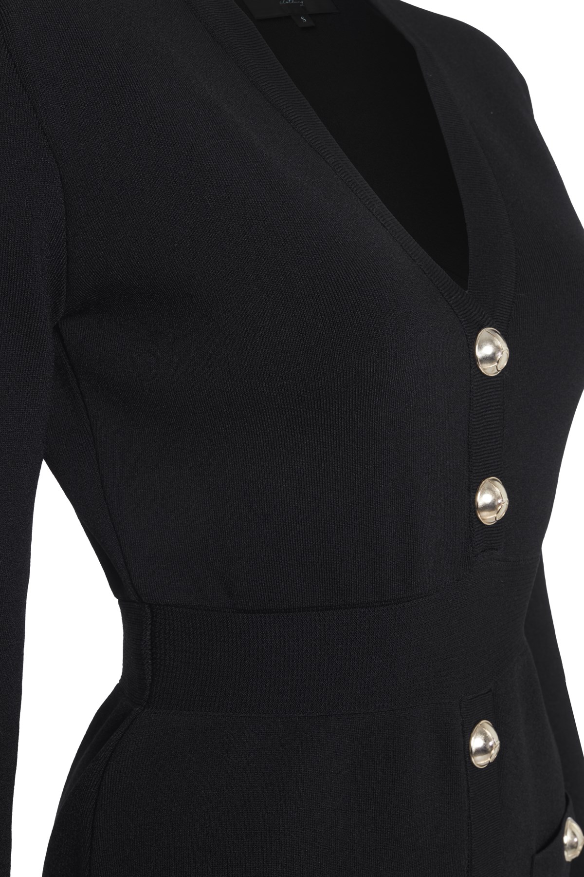 Siyah Düğme Detaylı Vatkalı Triko Mini Elbise