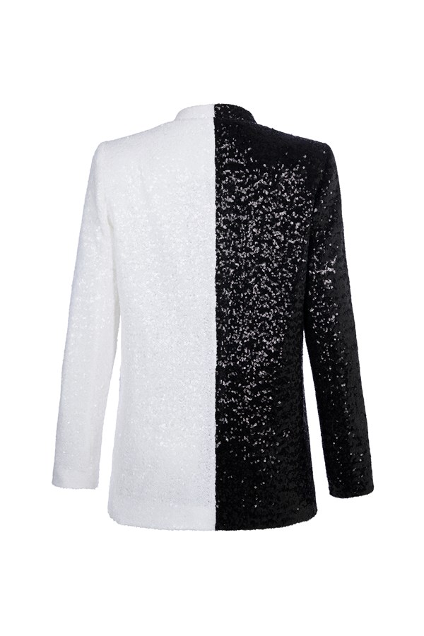 Siyah/Beyaz Colorblock Payetli Oversize Takım Ceket