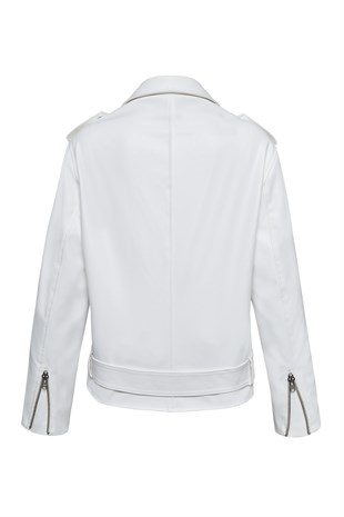 Beyaz Deri Görünümlü Biker Ceket