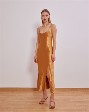 Gold Askılı Viskon Elbise