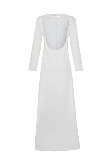 Kırık Beyaz Derin Yırtmaçlı Uzun Elbise