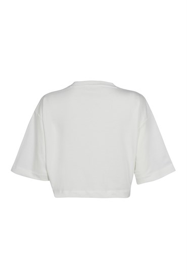 Kırık Beyaz Logo Baskılı Crop Tshirt
