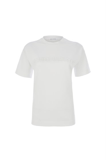 Kırık Beyaz Logo Baskılı Oversize Tshirt