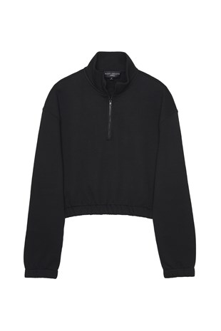 Siyah Fermuar Detaylı Crop Sweatshirt