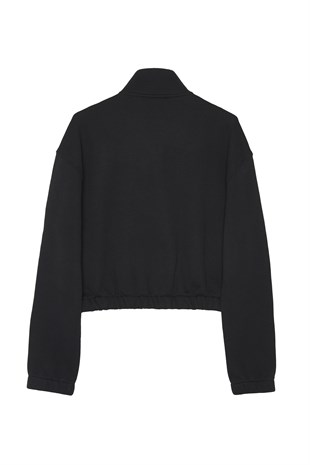 Siyah Fermuar Detaylı Crop Sweatshirt