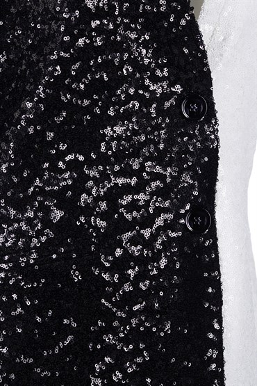 Siyah/Beyaz Colorblock Payetli Oversize Takım Ceket