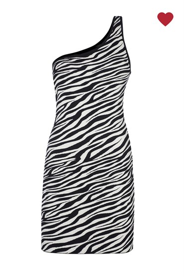 Zebra Desen Asimetrik Yaka Mini Triko Elbise